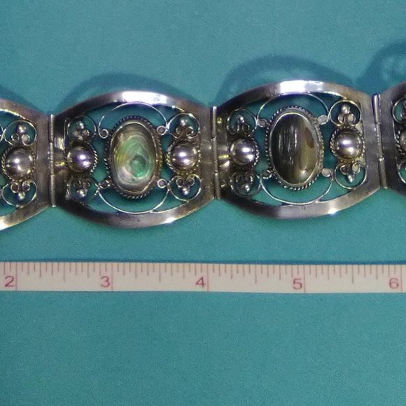 Vintage Sterling Silver Abalone Panel Wide Ornate Bracelet 925 - Picture 6 of 9